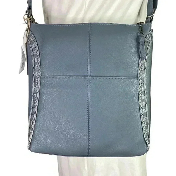 The Sak Lucia Leather Zip Top Crossbody Bag Dusty Blue Crochet Adjustable NEW - Picture 7 of 12